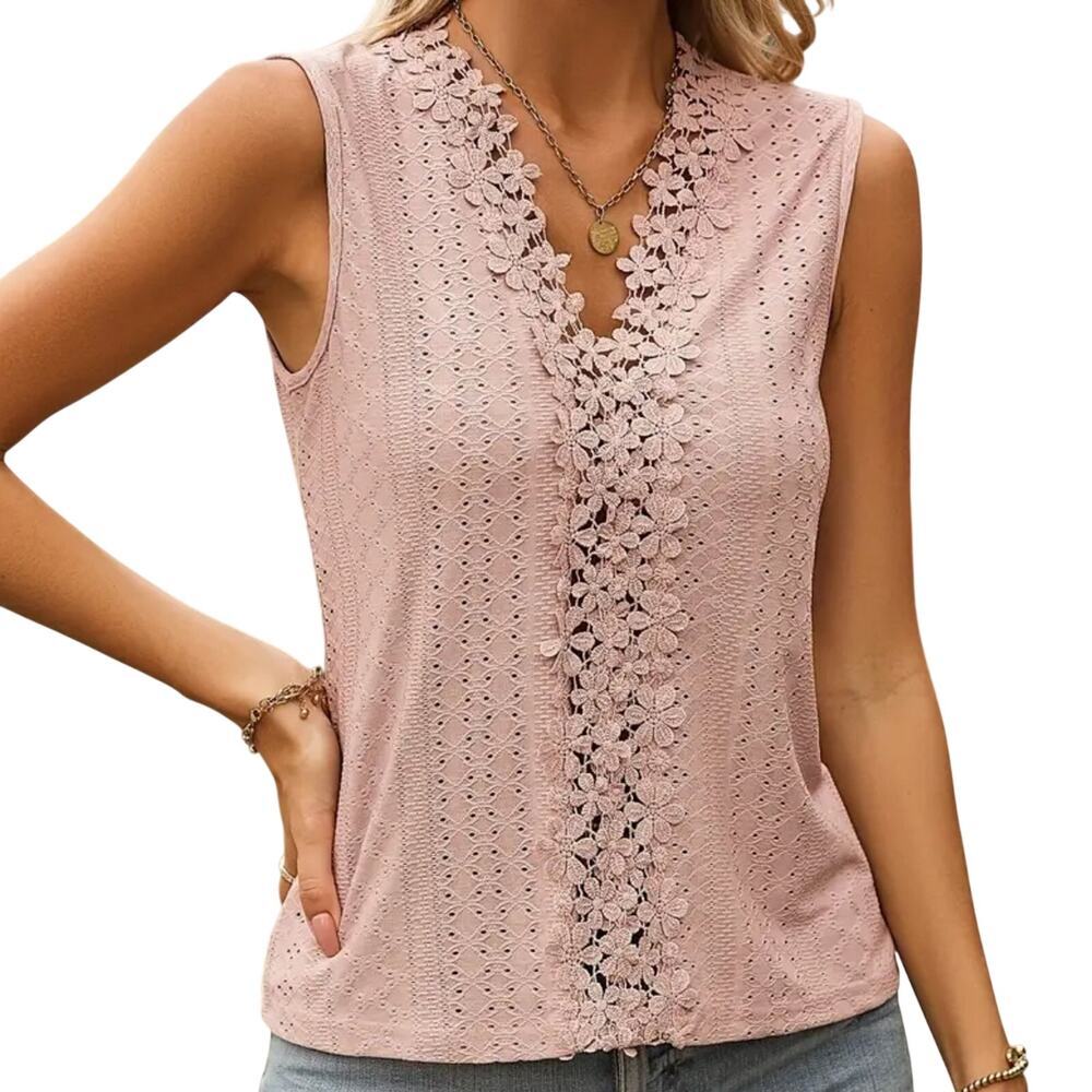 Women's V-Neck Lace Accent Tank Top in Mauve Pink, Size S​